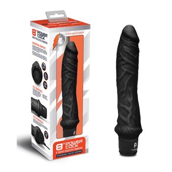 Powercocks 8" Girthy Realistic Vibrator Black Silicone Rechargeable box