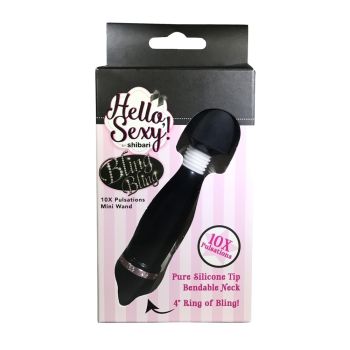 Shibari Hello Sexy Bling Silicone Mini Wand Vibrator Black 4 Inches box