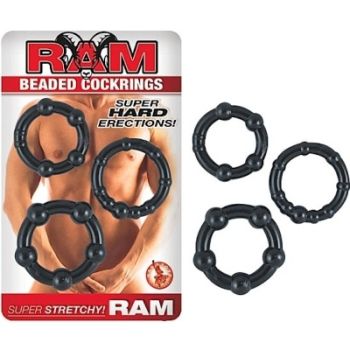 Ram Beaded Cock Rings Black Super Stretchy